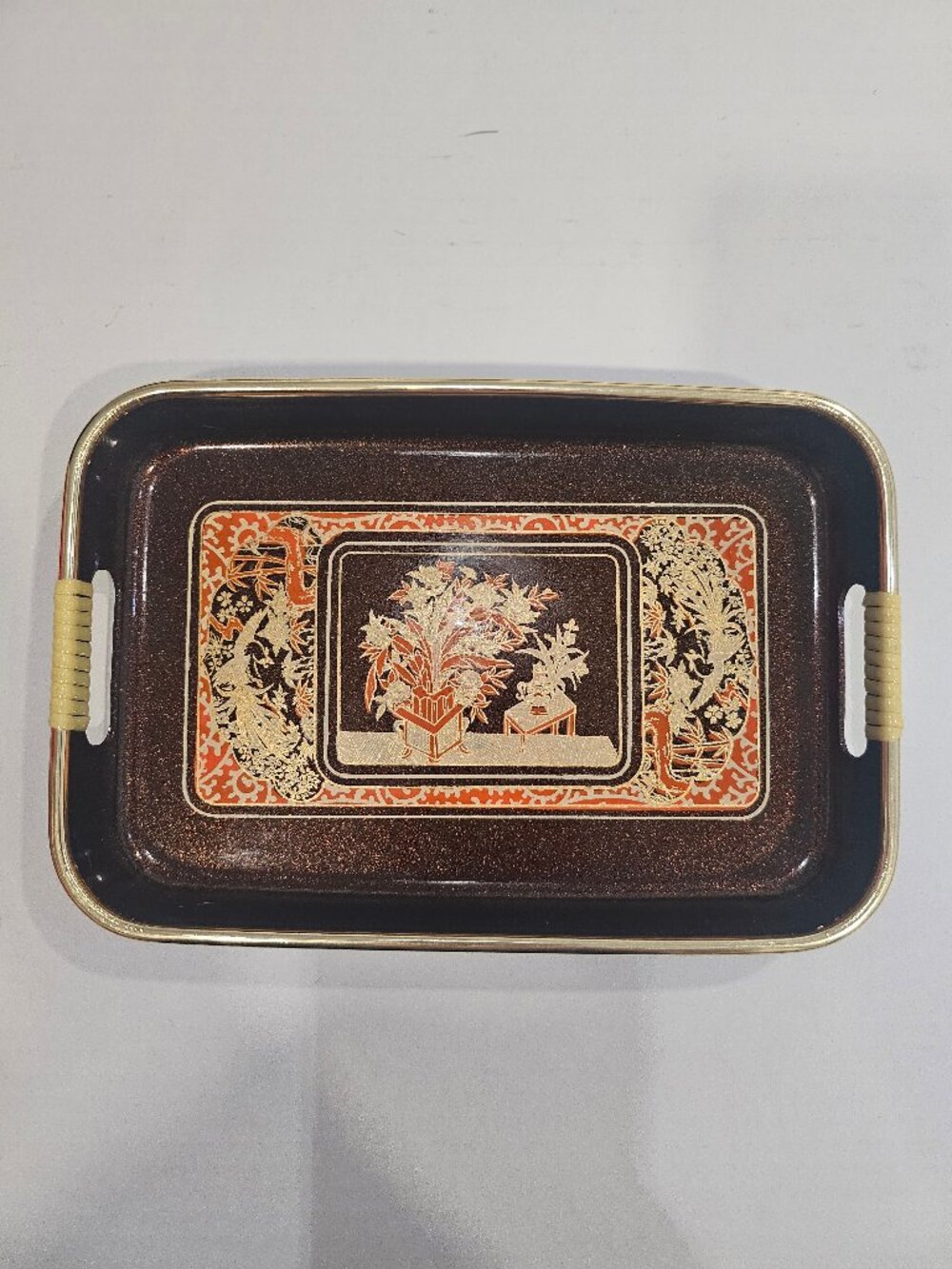 Japanese Brown & Gold Speckled Lacquer Tray With Orange Gold Ivory Floral Scene